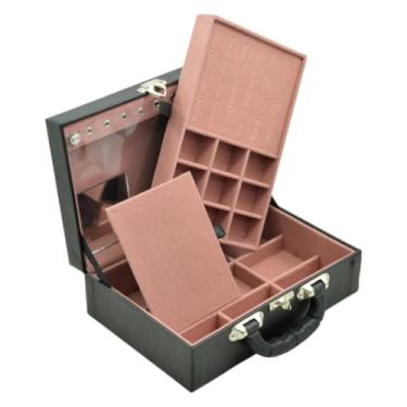 Imagem de Caixa Maleta Estojo Porta Joias Bijuterias Dupla Media com espelho Preta(INTERNO ROSE)