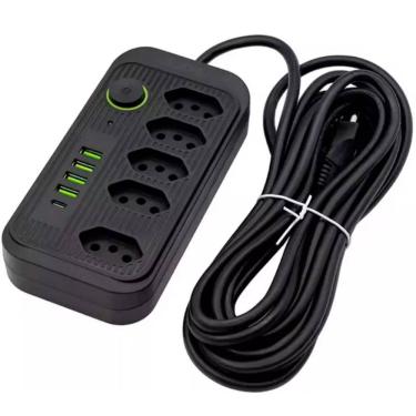 Imagem de Extensao Tomada 5 Tomadas Filtro de Linha 5 USB Preto