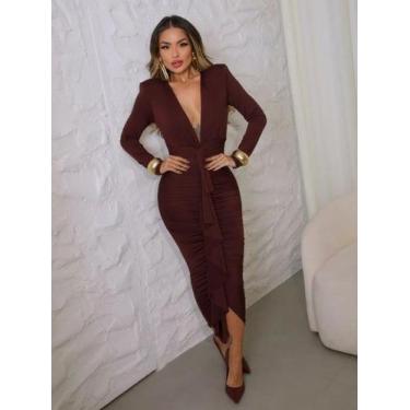 Imagem de Vestido Midi Manga Longa Drapeado com Babado - luh may, Marrom, P