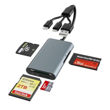 Imagem de Adaptador de alumínio Memory Stick Pro Duo – Leitor de cartão de metal 4 em 1 com triplo Lightning/USB-C/USB-A para SD/Micro SD/MS/xD-Picture-Card, Sony Cybershot Memory Stick Pro Duo adaptador para