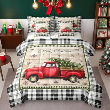 Imagem de Conjunto de cama King com estampa de caminhão de Natal, 7 peças, grade geométrica, floco de neve, decoração para meninos e meninas, bege, vermelho, preto e branco (lençol com elástico + 2 fronhas + 2