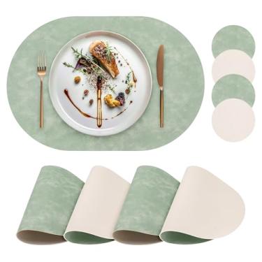 Imagem de yuuzue Jogo americano de couro sintético, conjunto de 4 com porta-copos combinando, jogo americano oval de poliuretano resistente ao calor, impermeável, limpável, lavável, jogo americano