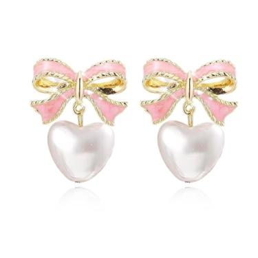 Imagem de Brincos de laço femininos com pingente de pérola rosa com pingente de coração, brincos grandes de Natal, bijuterias, presentes, Large, Zinco, Sem pedra preciosa