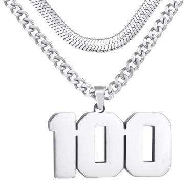 Imagem de Colar de número, colar em camadas para homens, colar com número de jérsei para menino atleta, corrente de aço inoxidável 45,7 cm + 50 cm para homens com pingente de número, colares com números de