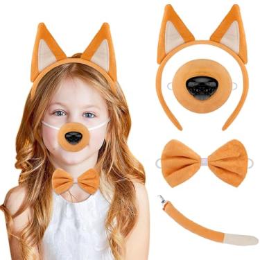 Imagem de Vovii Conjunto de fantasia de cachorro Bluey Heeler para brincar, 4 peças, acessórios completos com orelhas, faixa de cabeça, gravata borboleta, cauda e nariz (amarelo)