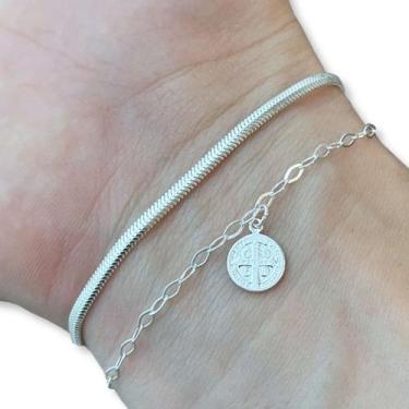 Imagem de 2 Pulseiras Femininas Lacraia e São Bento Prata 925 Legítima - Hakuna 