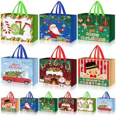 Imagem de Sweetude 12 sacos de presente de Natal a granel 33 cm grande saco de Natal não tecido com alças árvore de Natal, Papai Noel, flocos de neve, boneco de neve, sacola para presente de Natal, doces