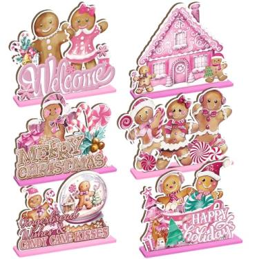 Imagem de DoubleFill 6 peças de decoração de Natal para homem de gengibre, mesa de boas-vindas, mesa central, bengala doce, árvore de Natal, enfeite de mesa de madeira para meninas, festa de aniversário