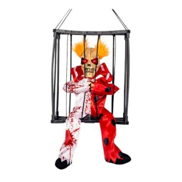 Imagem de Fenteer Brinquedo de pendurar em gaiola de caveira falante assustadora para Halloween, acessório fotográfico com olhos brilhantes, brinquedo de esqueleto para, Vermelho Branco