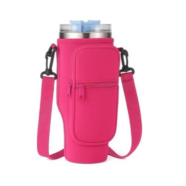Imagem de Bolsa Porta Garrafa, Squeeze, Copo Térmico Com Alça Ajustável Shoulder Bag com bolso para celular, de neoprene, com alça ajustável, tampa para canudo e mosquetão (Pink)