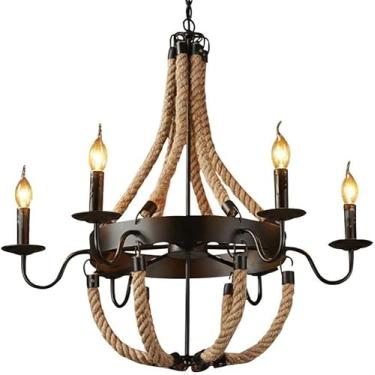 Imagem de Lustres, Lustres de Metal Rústico Industrial Corda de Cânhamo Compatível com, Ilha de Cozinha, Bar, Casa de Fazenda, Sala de Café Decoração de Casa Lustre Fosco Luminária