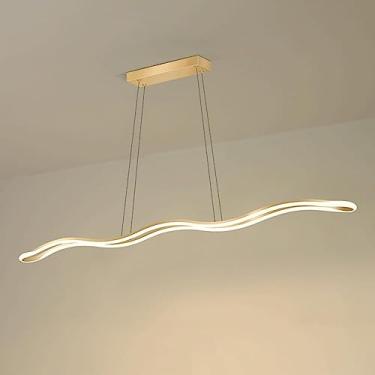 Imagem de Luminária pendente linear industrial para ilha de cozinha, luminária suspensa de teto preta com tira longa, lustre linear moderno branco dourado com controle remoto para mesa de sala de jant