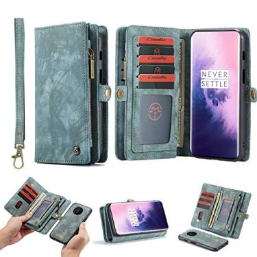 Imagem de Simicoo OnePlus 7T Pro Carteira de couro destacável com zíper 11 compartimentos para cartões, capa magnética flip OnePlus 7T Pro, alça de pulso, à prova de choque, bolso para homens e mulheres (azul