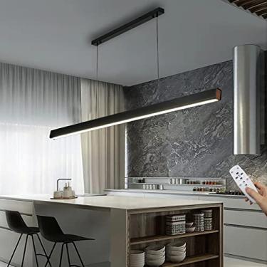 Imagem de Luminária pendente LED regulável, preta, listra longa, mesa de jantar, lâmpada de suspensão com controle remoto, design linear moderno, altura ajustável, lustre para escritório, bar, sala de