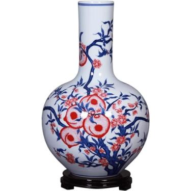 Imagem de AKALNNB Vaso de cerâmica para decoração de casa Vaso de cerâmica grande azul e branco de 37 cm chinês retrô pintado à mão vaso de flores para sala de estar quarto decorativo