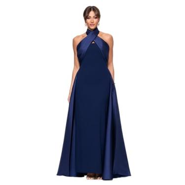 Imagem de Betsy & Adam Vestido feminino Scuba Crepe frente única com sobreposição de cetim até o chão, Azul marino, 48