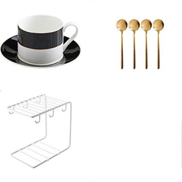 Imagem de Conjunto de chávenas de chá de estilo europeu e pires conjuntos de 4 xícaras de café expresso com acabamento dourado porcelana 198 g xícaras de café com pires colheres (cor: cinza azul) (preto)