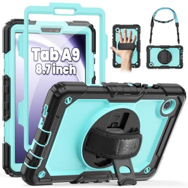 Imagem de SEYMAC Capa para Samsung Galaxy Tab A9 2023 2023 (SM-X110/X115/X117), capa protetora resistente à prova de choque com protetor de tela, suporte giratório, alça de mão/ombro e suporte para caneta, azul