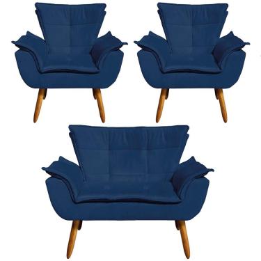 Imagem de Conjunto 2 Poltronas e 1 Namoradeira Pés Palito Charger Suede Azul Marinho - Gran Belo