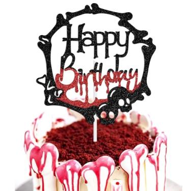 Imagem de Halloween Happy Birthday Cake Topper, Killer Bday Decoration, Skull Horror Birthday Party Decoration Supplies, Halloween Bloody Knife Themed Bday Decorations Black & Red Glitter