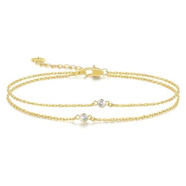 Imagem de AOZELAN Tornozeleiras de ouro 14K para mulheres tornozeleira de ouro para mulheres design de camada dupla com clipe de papel de zircônia cúbica para mulheres 25 (21 + 3,5) centímetros