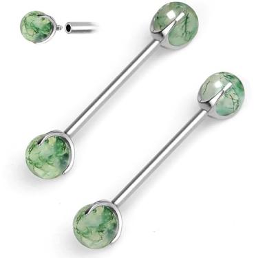 Imagem de TRBR Piercing de mamilo de ágata musgo de titânio 14G, anéis de mamilo de pedra preciosa verde natural genuína G23 titânio para mulheres e homens, halteres prateados para mamilos, calibre 14 A par