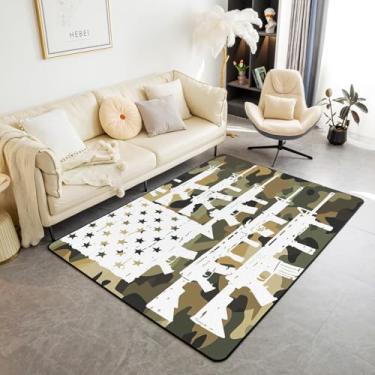 Imagem de jejeloiu Tapete de piso interno com bandeira americana 12 x 18 cm, camuflado, metralhadoras, tapetes para sala de estar, tapete decorativo militar