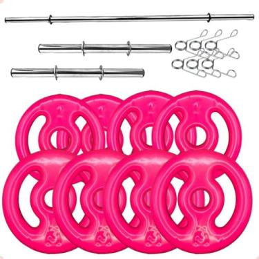 Imagem de Kit Anilhas Emborrachadas Rosa 20 Kg + Barras com Presilhas