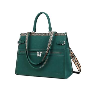 Imagem de FADEON Bolsa feminina para laptop de designer de couro PU grande, bolsas com compartimento para laptop de 15,6 cm, bolsa de ombro para viagem, verde