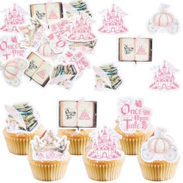 Imagem de Ephlyn 54Pcs Edible Once Upon A Time Birthday Cupcake Toppers Wafer Paper Fairytale Book Party Castle Opening Magic Book Cupcake Picks for Princess Party Cake Decoration Supplies Pink