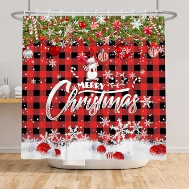 Imagem de ZJRBJB Cortina de chuveiro vermelha de Natal, boneco de neve, árvore de Natal, floco de neve, à prova d'água, conjunto de cortina de chuveiro para banheiro, bola de banheiro, ano novo, férias, 183 x