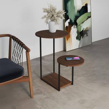 Imagem de Mesal Lateral Cibele Tampo Redondo Ferro Preto Tampo Amêndoa