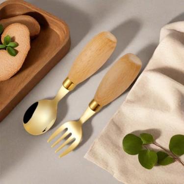 Imagem de Conjunto de mini talheres com cabo de madeira, 2 peças, colher e garfo de aço inoxidável