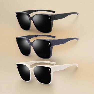 Imagem de Óculos de sol Fit Over para mulheres, homens, polarizados, dobráveis, óculos de sol leves e grandes, pacote com 3, Preto fosco + azul escuro + bege