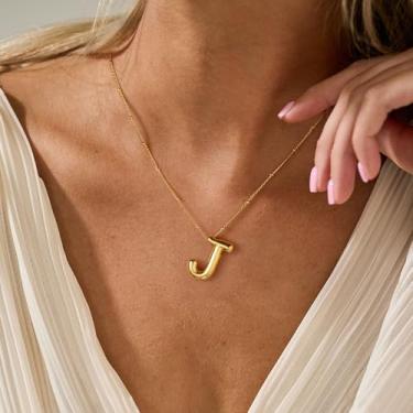 Imagem de Colar feminino banhado a ouro 14K moderno - pingente de bolhas com letra grossa com pingente de letra A-Z, pingente delicado, à prova d'água, joias personalizadas para presentes de aniversário, 16"+2