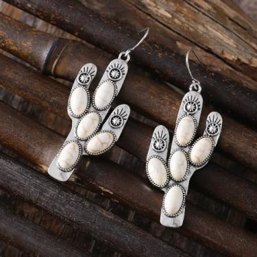 Imagem de Brinco vintage estilo étnico ocidental cacto branco turquesa antigo prateado brincos femininos retrô boêmios presentes para ela, 2inch, Liga de aço, Sem pedra preciosa