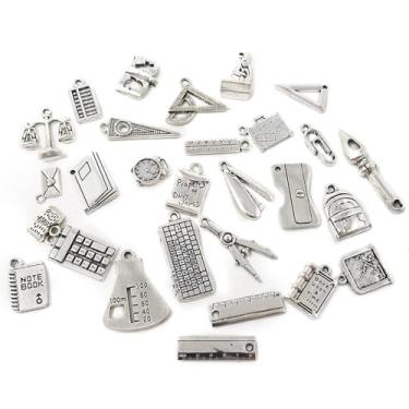 Imagem de 56 peças de régua de professor divertido, lápis, bússolas, tesouras, pingentes de liga de prata antiga, joias para brinco, pulseira, colar, chaveiro, artesanato, faça você mesmo, Standard, Liga