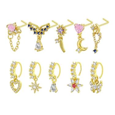 Imagem de BSJ4U Anéis de nariz pendurados para mulheres 20G banhado a ouro piercings de nariz coração borboleta flor pendurada em forma de L piercing de nariz brincos com berloque pendurado no nariz joia