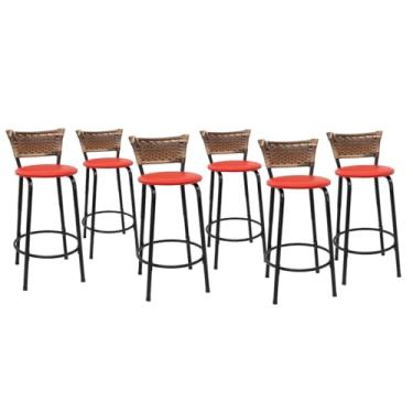 Imagem de Kit com 6 Banquetas 60cm Estrutura Preta Encosto Cappuccino Ideal Para Balcão Ilha Bancada Área de Lazer Cozinha Gourmet Bar Lanchonete Piscina (Assento Vermelho)