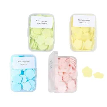 Imagem de Enyolidimk Sabonete de papel, 4 mini folhas de lavagem à mão com pétalas descartáveis e perfumadas diferentes, sabão de banho dissolúvel, adequado para atividades ao ar livre, viagens, acampamento, 4