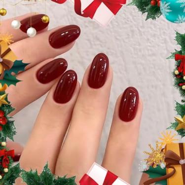 Imagem de Modelones Short Press On Nails, 32 unidades, 16 tamanhos, unhas postiças ovais com cola, abas adesivas, lixa de unha, almofada de preparação, bastão de manicure, vermelho cereja