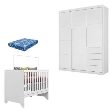 Imagem de Berço Americano Maya E Guarda Roupa Infantil Blenda Branco Acetinado Com Colchão Ortobom - Phoenix Baby