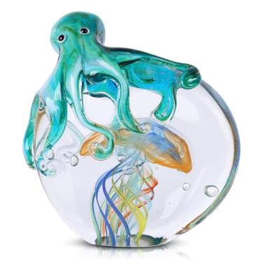 Imagem de LCCCK Estátua de água-viva de polvo de vidro, decoração de casa, decoração de vidro soprado à mão, estatuetas de oceano, escultura de polvo, arte de murano, mesa de escritório, pesos, aquário, animais