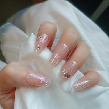 Imagem de Unhas de pressão curtas médias de caixão com cola falsa com design de estrela 3D fofa, strass, cobertura total, bastão falso artificial em unha de acrílico para mulheres, casamento, 24 peças