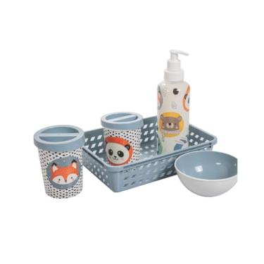 Imagem de KIT HIGIENE BEBÊ 5 PEÇAS BABY URSO PORTA ALGODÃO ORGANIZADOR INFANTIL PLASUTIL (Bichinhos Menino)