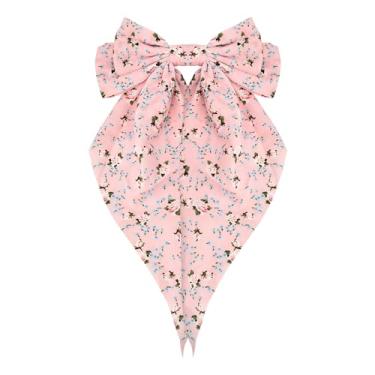 Imagem de Ancnoz Grampo de cabelo com laço rosa com borla longa para mulheres e meninas, grampo de cabelo grande com nó de laço, padrão de flor de cetim sedoso, presilhas francesas com fitas de cabelo