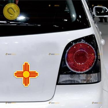 Imagem de Adesivo magnético magnético com bandeira do Estado do Novo México NM Ancient Zia Sun - Pacote com 2 adesivos refletivos de 10 cm - para porta de caminhão, geladeira, reutilizável, à prova d'água