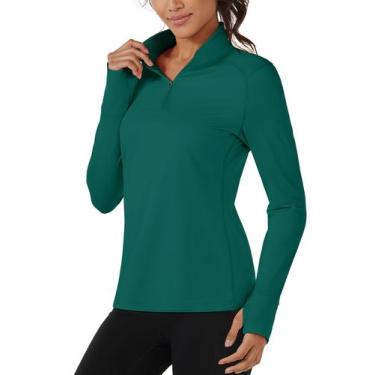 Imagem de Camisa feminina TACVASEN de lã térmica com zíper 1/4 E verde GG
