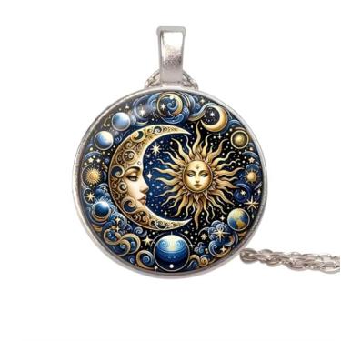 Imagem de Colar com pingente de sol e lua celestial, design de galáxia mística, preto e dourado, corrente de 45 cm com extensão de 5 cm, medalhão redondo de 2,5 cm, Adjustable, Aço inoxidável, Zircônia cúbica