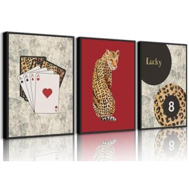 Imagem de 3 peças de arte moderna de parede leopardo Funky Lucky 8 Ball Poster Prints Vintage Preppy Room Aesthetic Cheetah Wall Decor Pictures para quarto feminino apartamento dormitório sem moldura (pôster de